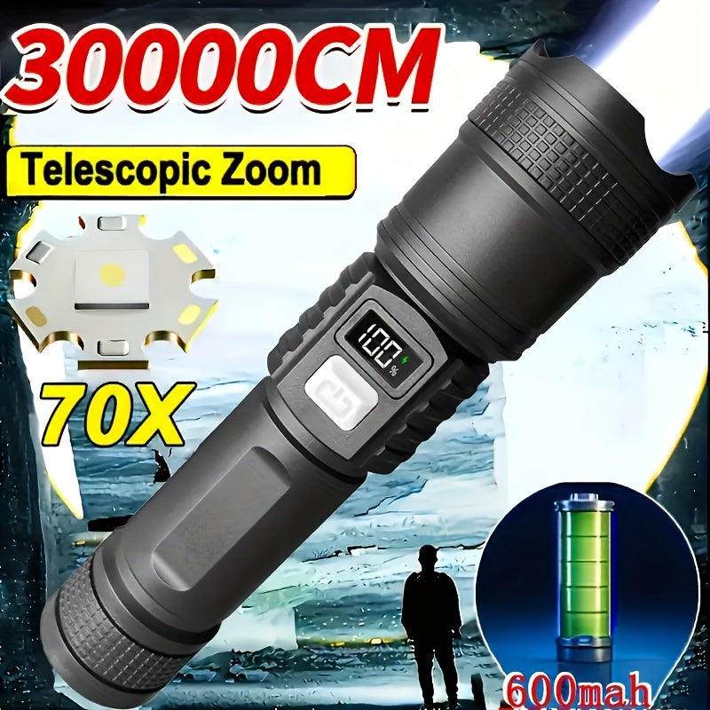 High Beam Long Range Flashlight, Super Bright Large Aperture Telescopic Zoom Torch, USB Rechargeable LED Searchlight, Drop-Proof Non-Slip Grip, Home Power Outage Emergency Light, Outdoor Tactical Flashlight, IP65 Waterproof