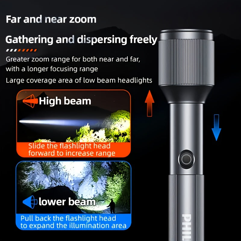 Philips High-Power Zoomable Direct-Charging Flashlight, High-Lumen Tactical Torch, 5 Modes: Strong Light/Weak Light/Strobe/SOS/Brightness Adjustment, Long-Lasting Battery, Ideal for Camping, Daily Use