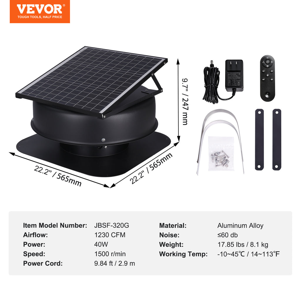VEVOR Solar Attic Fan, 40W, 1230 CFM High-Airflow Solar Roof Vent Fan, 110V Smart Adapter, Low Noise & Wind-Resistant, for Home, Greenhouse, Garage, Store, RV, FCC Certified