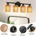 Farmhouse bohemian style 4-light hardwired bathroom vanity light fixture, with hand-woven lampshade — semi-flush mount / flush wall-mounted mirror light, suitable for bedroom, hallway, living room mirror installation (mirror not included)