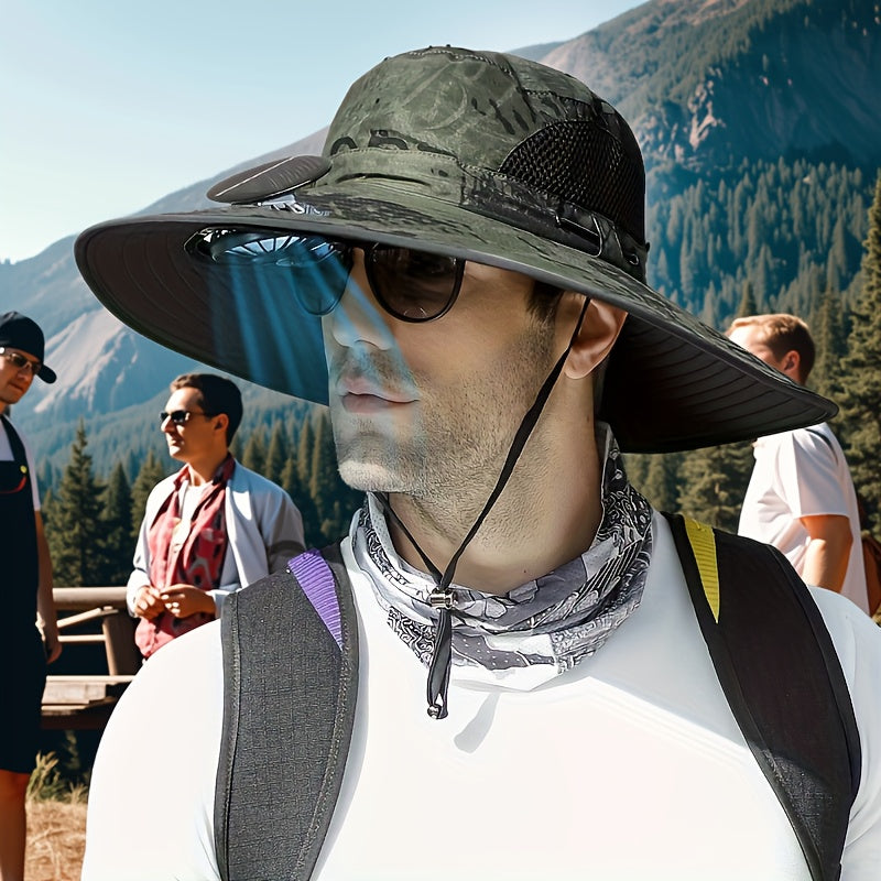 Unisex Solar Fan Boonie Hat, Reinforced Steel Wire Brim, 3-Speed Solar Fan with USB Charging, Breathable Cooling Design, Extra Wide Brim for Full Protection, Ideal for Hiking, Travel, Gardening and Outdoor Activities