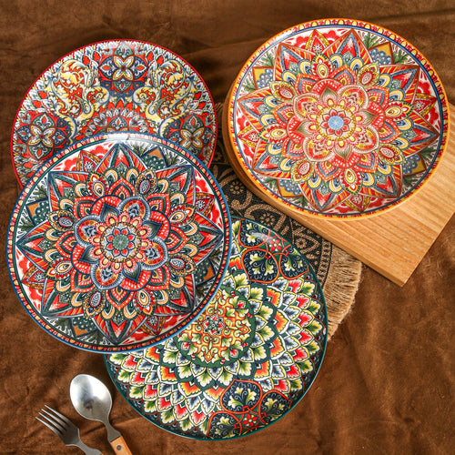 10.5-Inch Ceramic Plates, Home & Restaurant Ceramic Dinnerware – Perfect for Steak, Pasta, Fruit, Bread – Bohemian Style Ceramic Dinnerware Set – Microwave & Oven Safe