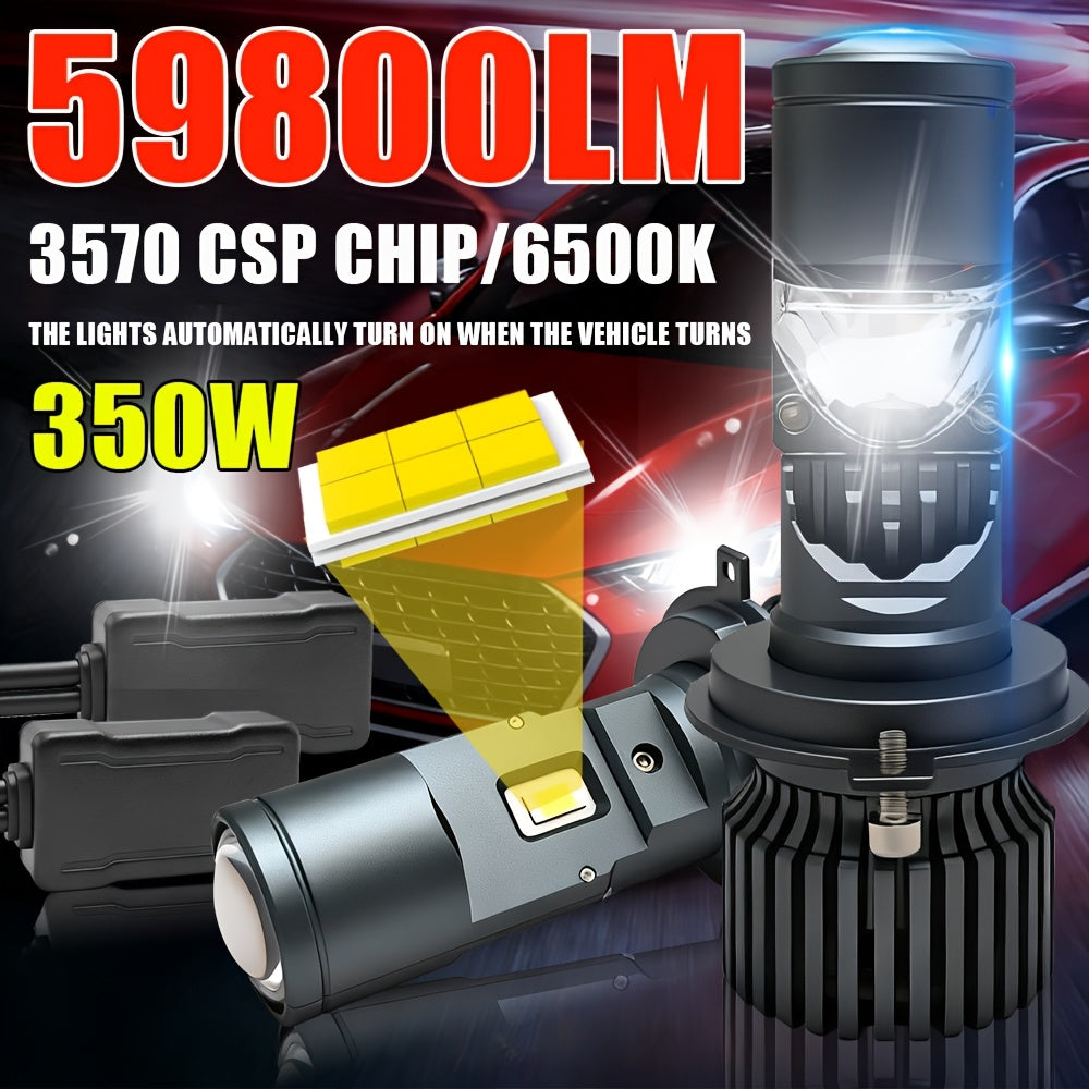 Automotive 2PCS LED Car Lights - H4/9003/HB2 - 59800LM, 350W High/Low Beam, 6500K Cool White Light, Suitable for Various Environments, Ultra-High Cooling Fan, Plug-and-Play, No Battery Needed