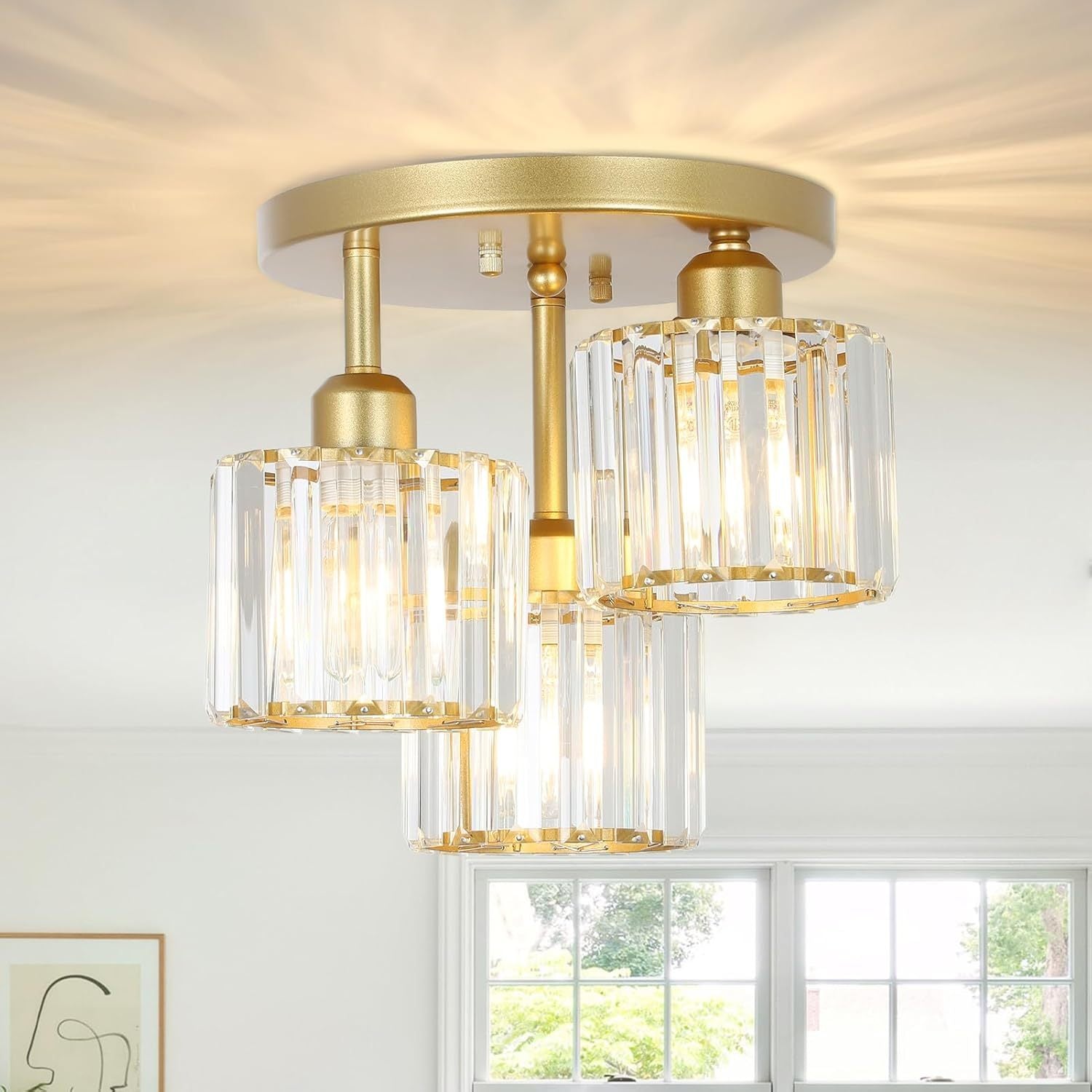 Modern Semi-Flush Mount Ceiling Light, Crystal 3-Head Kitchen Light, Hallway Pendant Light, Indoor Flush Mount Light, Suitable for Bedroom, Foyer, Entryway, Kitchen