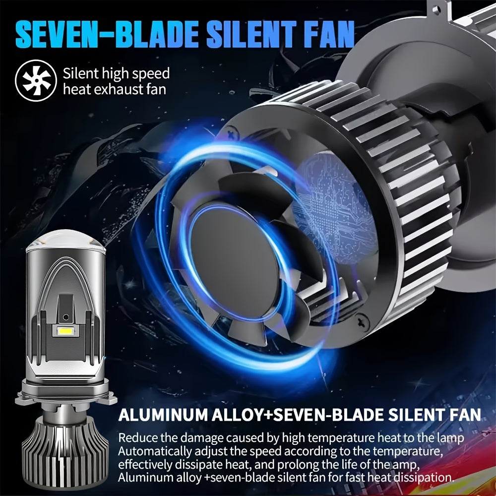 Two H4-QD054 Super Bright 6500K White Light CSP LED Headlights, Luminous Flux Up to 50000LM per Pair, Lens Design for Ideal Beam, Built-in Driver with Fan for Extended Lifespan, No Battery Included