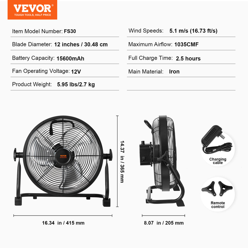 VEVOR 12 Inch Cordless Fan, Portable Quiet Personal Fan for Home Office, 360° Manual Rotatable Head, Stepless Speed Adjustable High-Speed Wireless Fan, Heavy Duty Metal Industrial Standing Fan