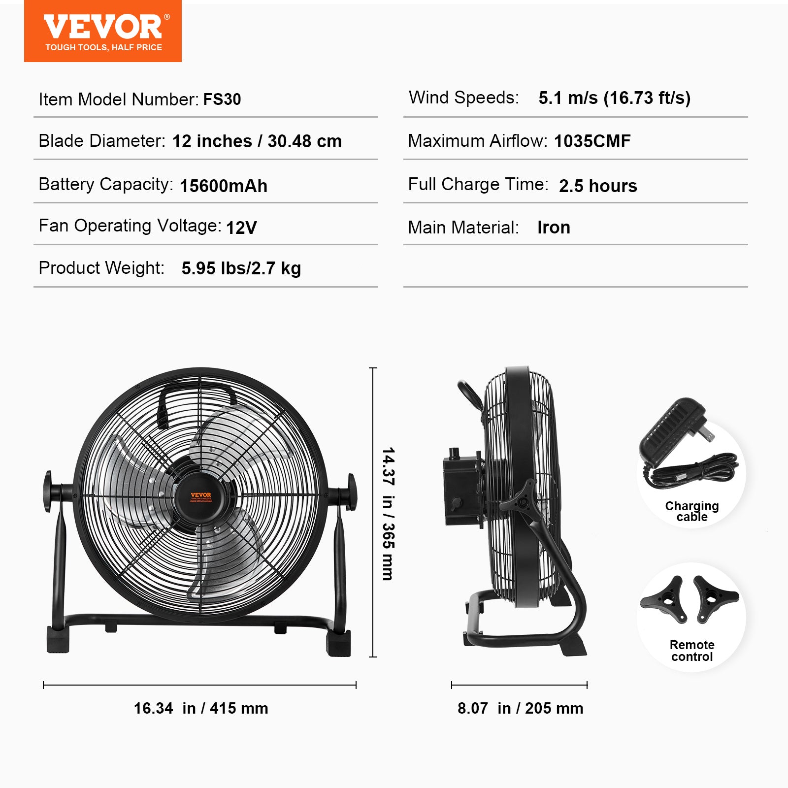 VEVOR 12 Inch Cordless Fan, Portable Quiet Personal Fan for Home Office, 360° Manual Rotatable Head, Stepless Speed Adjustable High-Speed Wireless Fan, Heavy Duty Metal Industrial Standing Fan