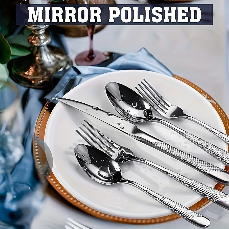 Hammered Silver Flatware Set, 40-Piece Stainless Steel Cutlery Set for 8 – Modern Kitchen Dinnerware Set, Includes Dinner Knife / Fork / Soup Spoon, Mirror Polished, Dishwasher Safe