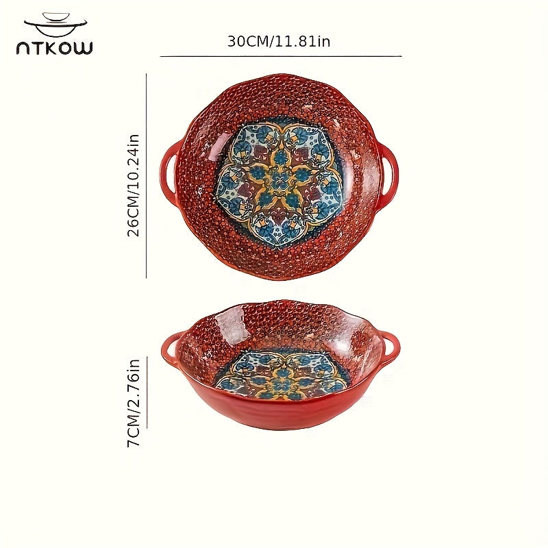 NTKOW 1 Piece Bohemian Style Large Soup Bowl / Soup Pot! Extra-Large Size with Double Ear Handles, Microwave Safe. Ideal for Family Soups or Gatherings. Suitable for Sea Shipping – Sturdy Design Ensures Transport Safety