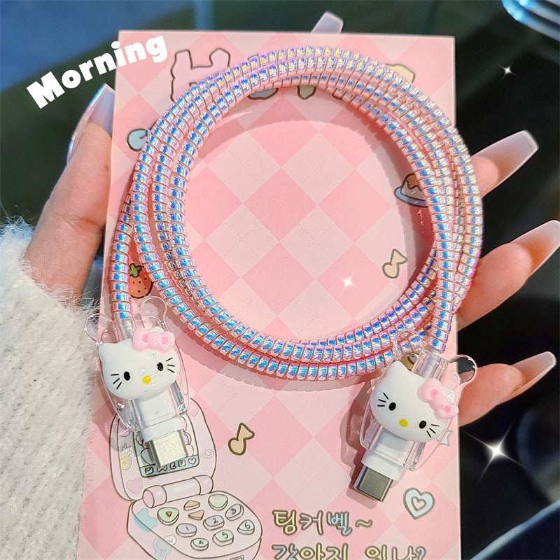 Sanrio Collaboration Hello Kitty Glitter Charging Case Set, Includes a 20W USB-C Fast Charger for Apple, Anti-Bend Protective Case, Suitable for Car/Home/Travel, Tangle-Free And Non-Slip Transparent Silicone Cable Organizer, Adorned with a Cute Bow