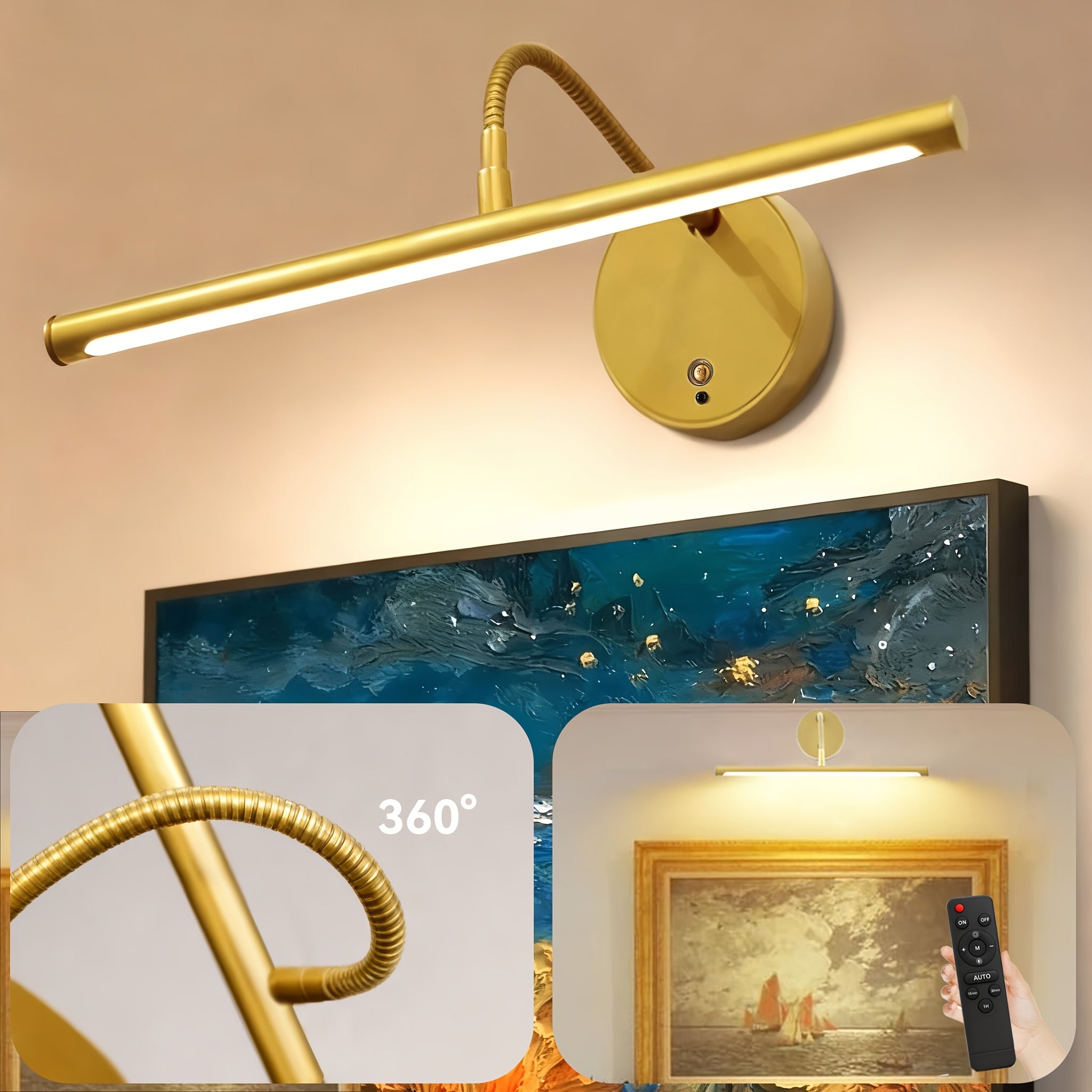 LED Art Picture Light, Rechargeable Remote Control Wall Picture Light, 3-Color Adjustable Color Temperature, Magnetic Installation, Optional Black/Gold Housing – Suitable for Wall Washing, Photography, Murals, Artwork and Display Lighting