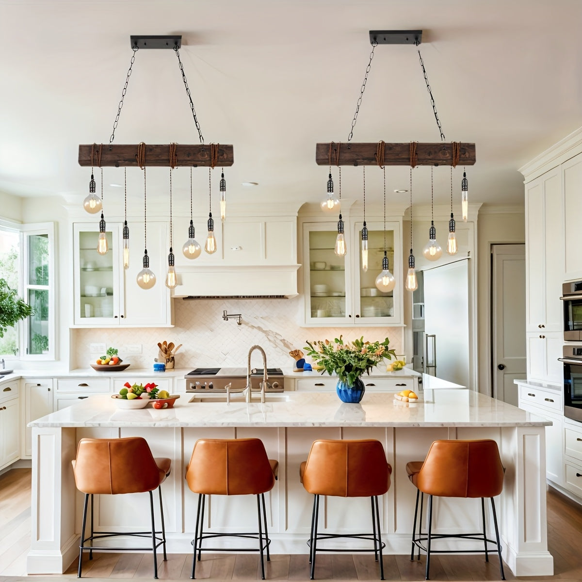 8,6,4-Light Rustic Chandelier for Dining Room, Farmhouse Wood Pendant Light, Height Adjustable, Rectangular Pendant Light for Kitchen Island, Dining Room, Bar, Pool Table, Cabin