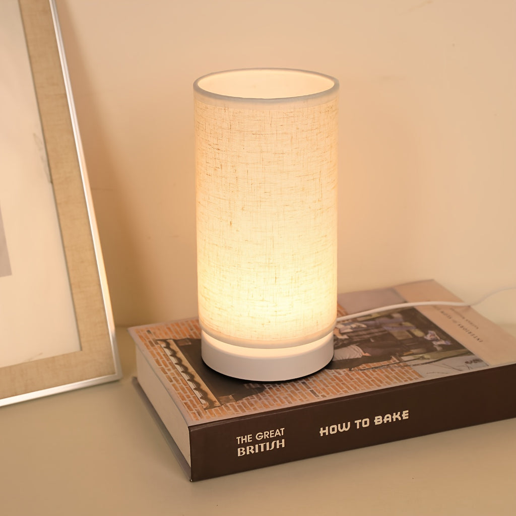 1 piece modern linen cylinder table lamp, with warm ambient lighting, USB powered and switch control - perfect for bedroom, office, nightstand, bookshelf decoration - cozy holiday gift, battery not included, bedroom light