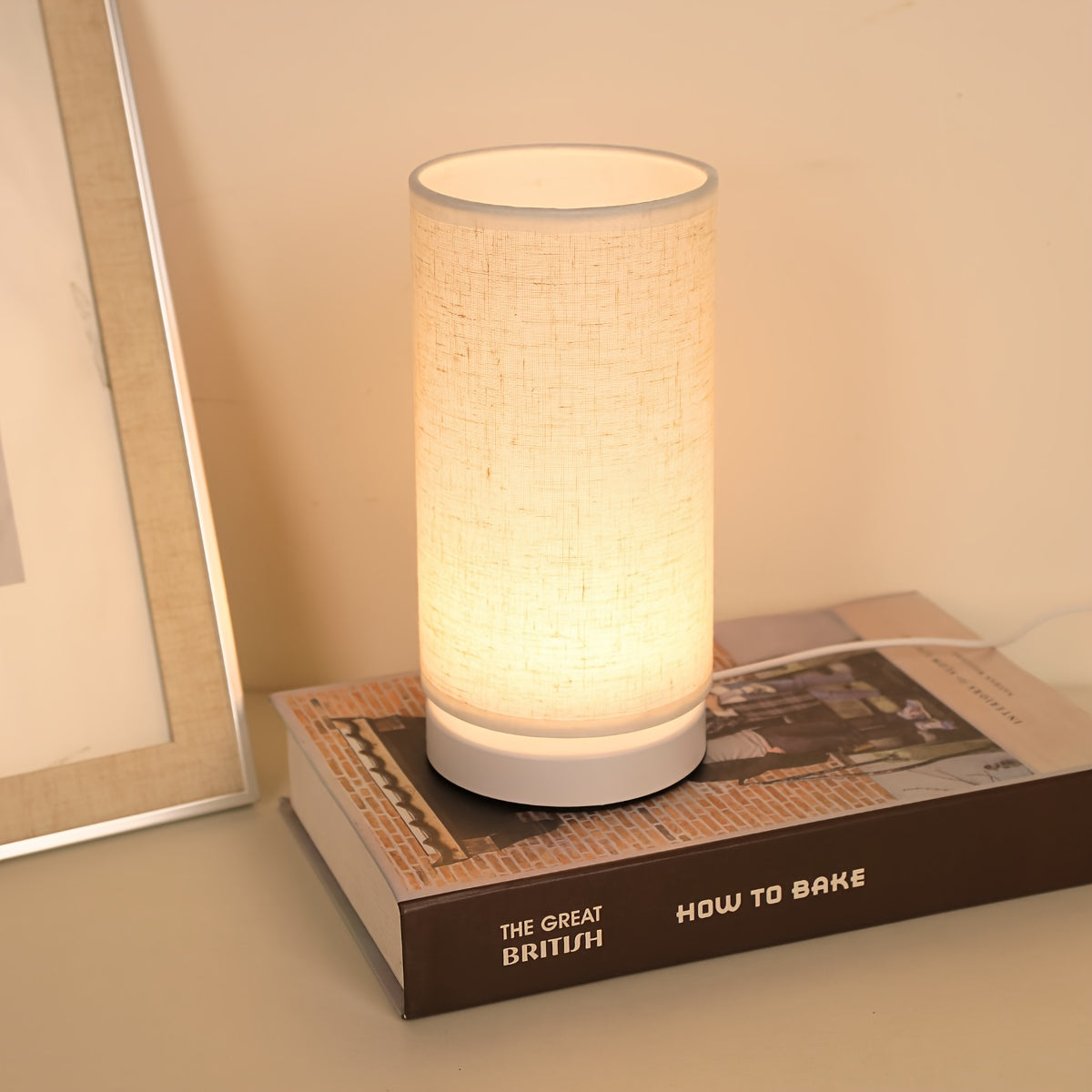 1 piece modern linen cylinder table lamp, with warm ambient lighting, USB powered and switch control - perfect for bedroom, office, nightstand, bookshelf decoration - cozy holiday gift, battery not included, bedroom light