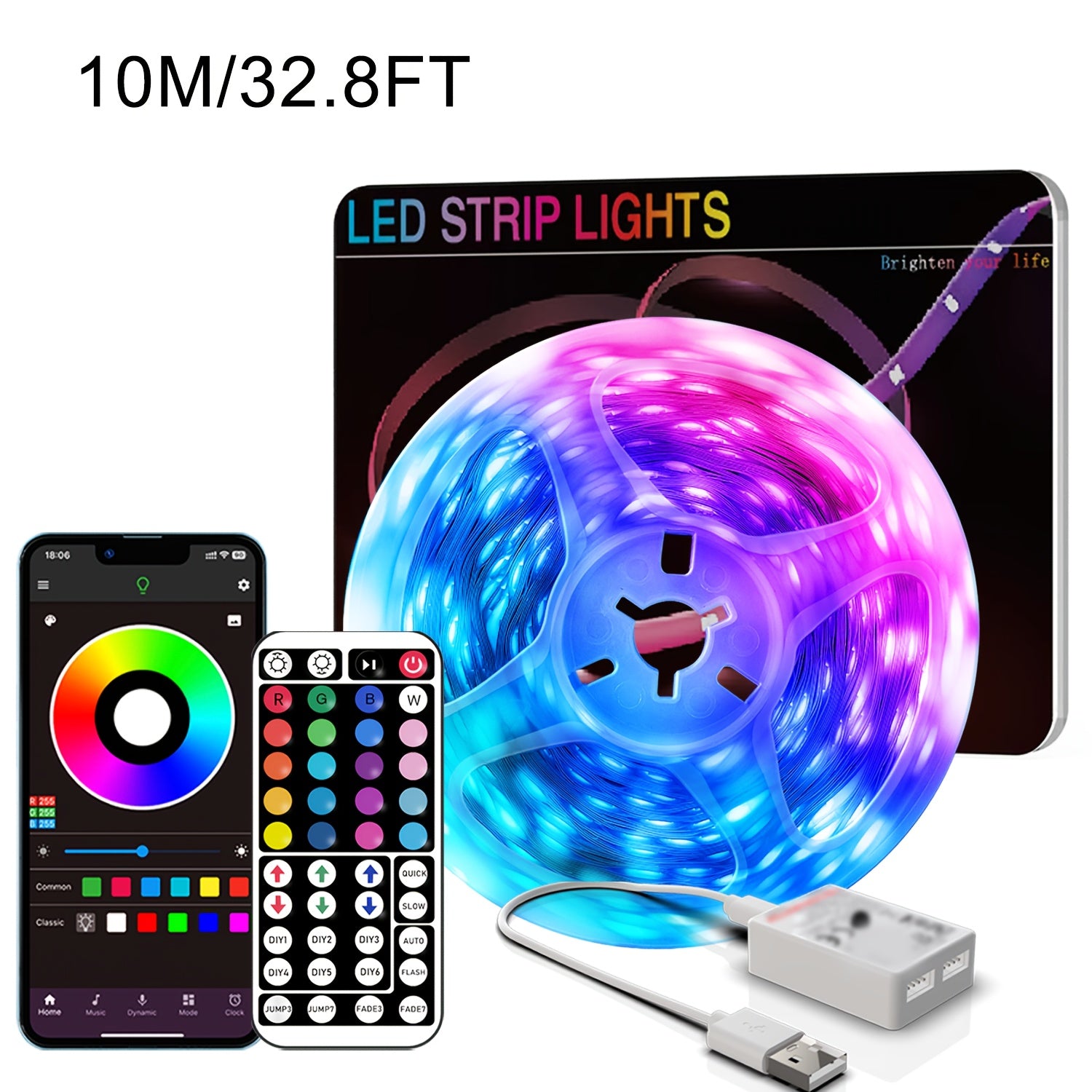 NBBUFF 加长版 LED 灯带，智能房间装饰 RGB 灯条，通过 App 和遥控器控制，带定时、音乐同步、多种场景和 1600 万色，适用于卧室、客厅天花板、万圣节、派对、节日礼物