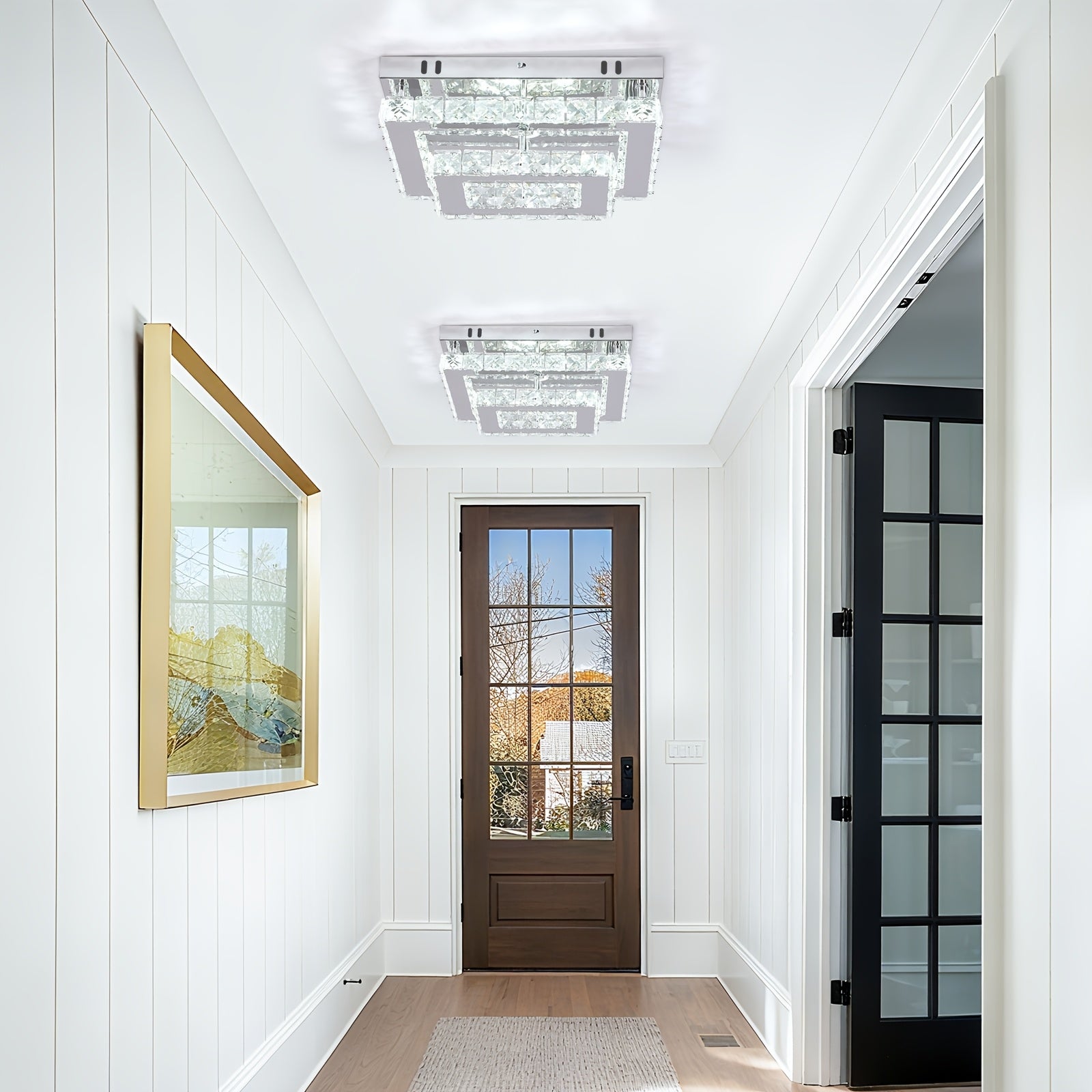 LED Crystal Ceiling Light Modern Rectangular Recessed Pendant Light K9 Stainless Steel Ceiling Light Suitable for Living Room Bedroom Dining Room (Cool White Light)