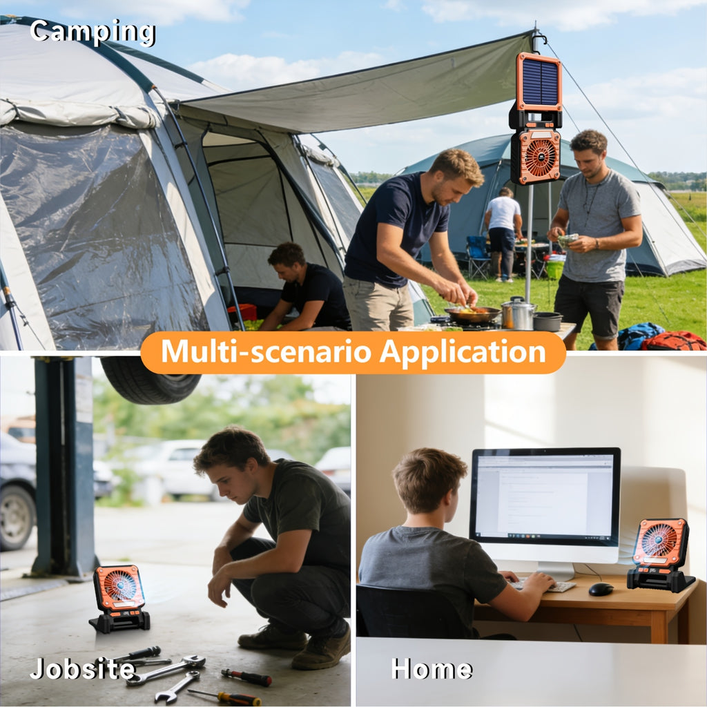 Portable Camping Fan, USB & Solar Charging, 3 Wind Speed Levels, Digital Power Display, 5 Lighting Modes, Emergency Light, Built-in Hook, Ideal for Camping & Auto Repair, Comes with Storage Bag