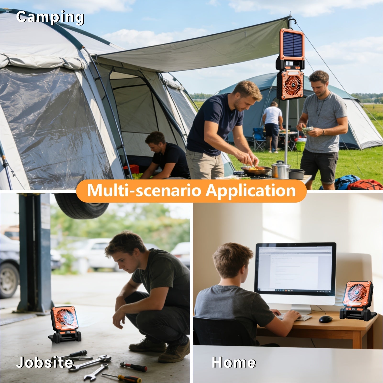 Portable Camping Fan, USB & Solar Charging, 3 Wind Speed Levels, Digital Power Display, 5 Lighting Modes, Emergency Light, Built-in Hook, Ideal for Camping & Auto Repair, Comes with Storage Bag
