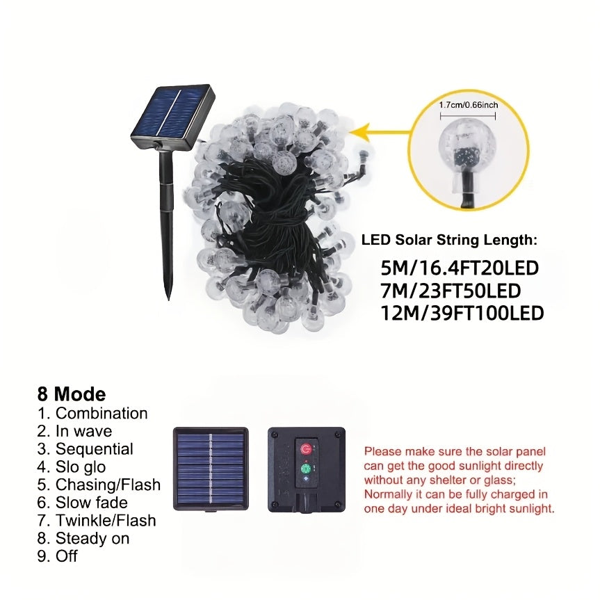 1串太阳能球灯，IP54防护等级，暖光/白光/彩色。LED灯和太阳能锂电池，适用于感恩节、情人节、新年、庭院、公园、广场、礼堂和节日装饰氛围