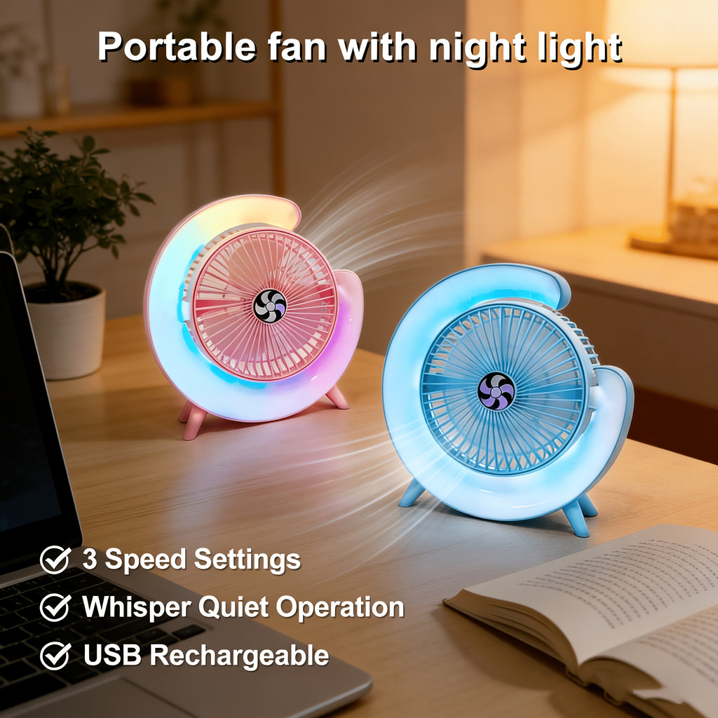 Colorful RGB Desktop Mini Fan, 3 Speed Levels, 1800mAh Long Lasting Rechargeable Battery, 9 Ambient Light Modes, Quiet Low Noise Design, Compact & Portable, Durable PP Material