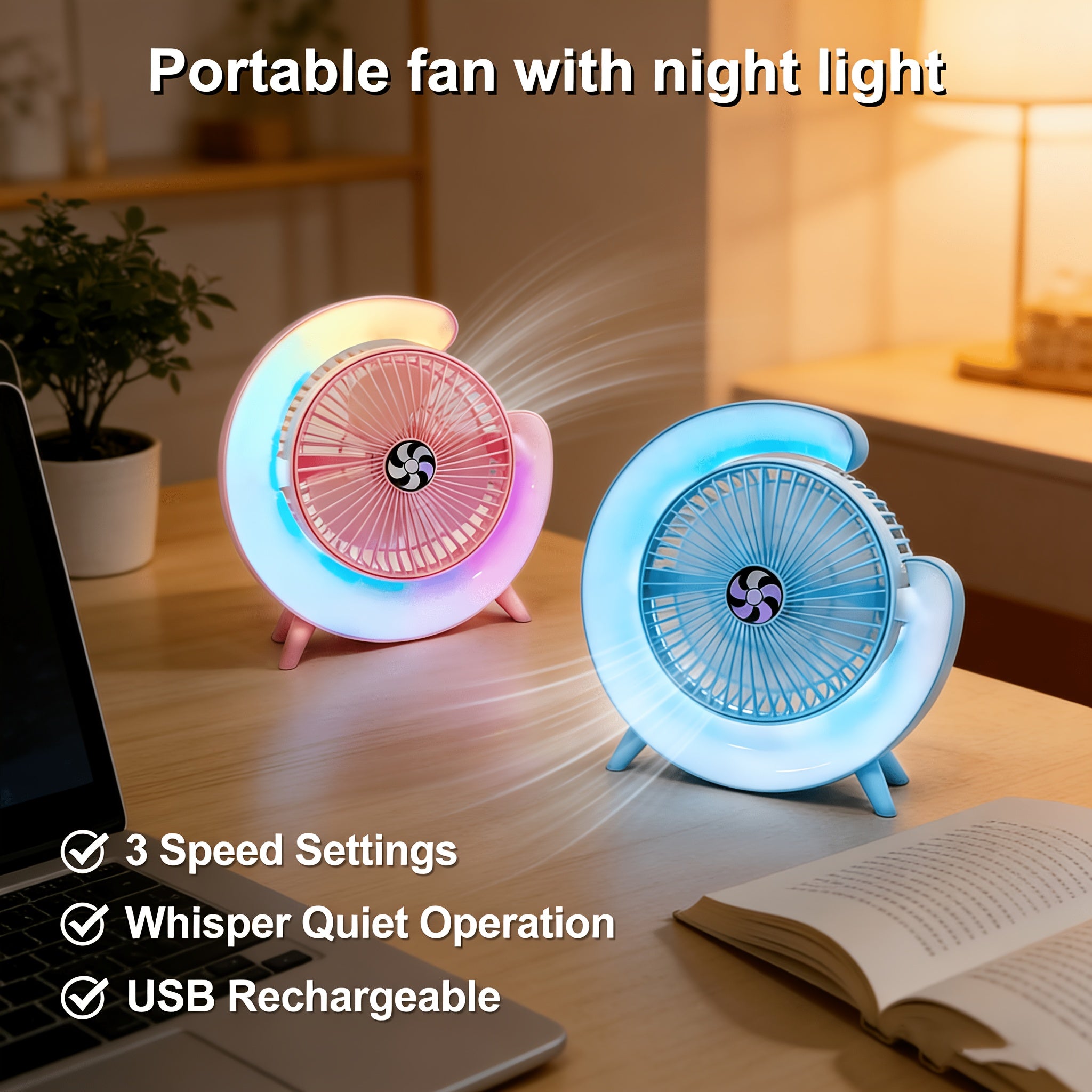 Colorful RGB Desktop Mini Fan, 3 Speed Levels, 1800mAh Long Lasting Rechargeable Battery, 9 Ambient Light Modes, Quiet Low Noise Design, Compact & Portable, Durable PP Material