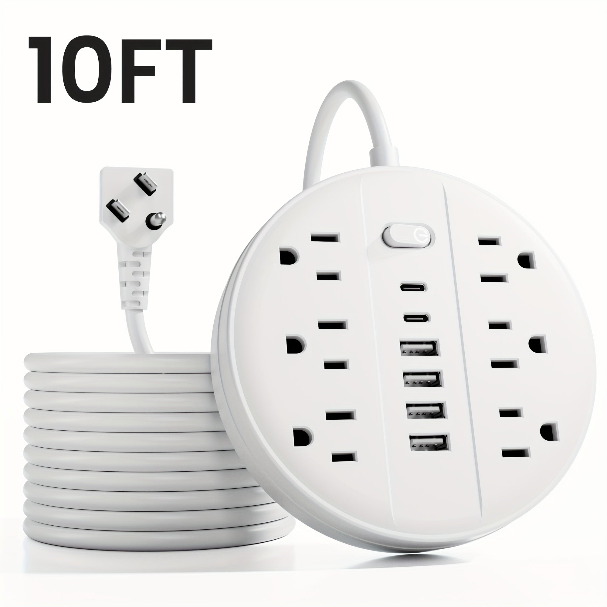 A Versatile Power Strip Featuring 12 Functions, Equipped with a Surge Protector, 6 USB Charging Ports (Including 4 USB A And 2 USB C), And 6 AC Outlets. This Compact Charging Station Can Be Mounted on The Wall And Is Suitable for Home, School