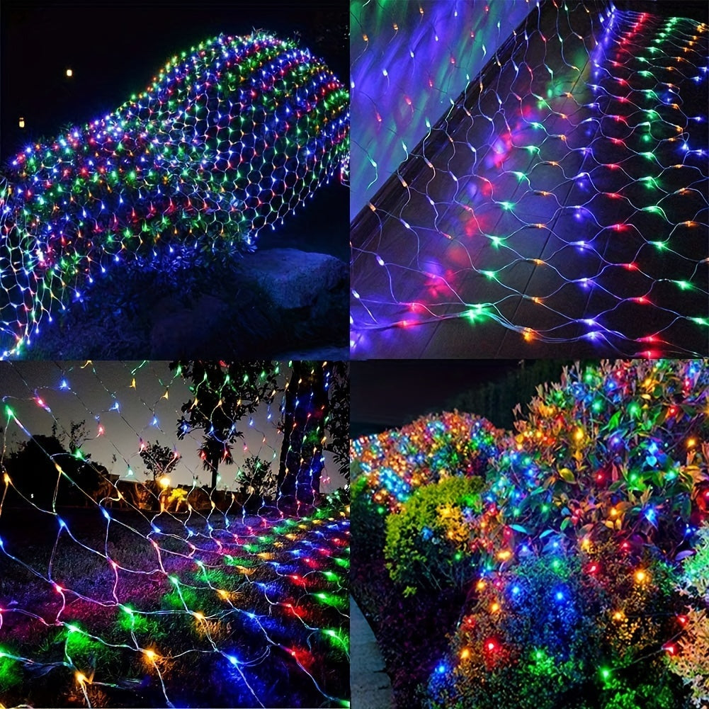 1包太阳能网灯-192 LED，9.8英尺x 6.6英尺8模式LED闪光网灯，适用于室外/室内使用-非常适合树木、景观、花园、屋顶、阳台、墙壁装饰-非常适合婚礼、生日、圣诞节、万圣节、派对 IP44