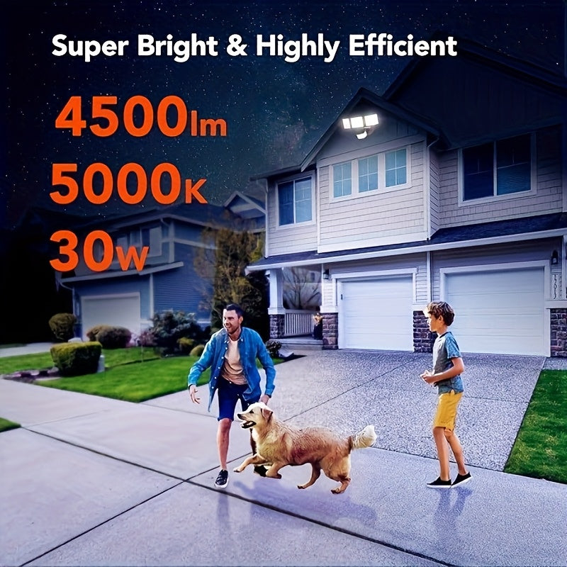 SYVIO Outdoor Flood Light, LED Security Light Coverage Area 4500 sq ft, 4500 Lumens / 30 Watts, IP65 Rating, 240 Degree / 50 ft Detection Range, 3 Modes (Dusk to Dawn), Suitable for Patio Garden, Garage and Backyard FT Area Lighting