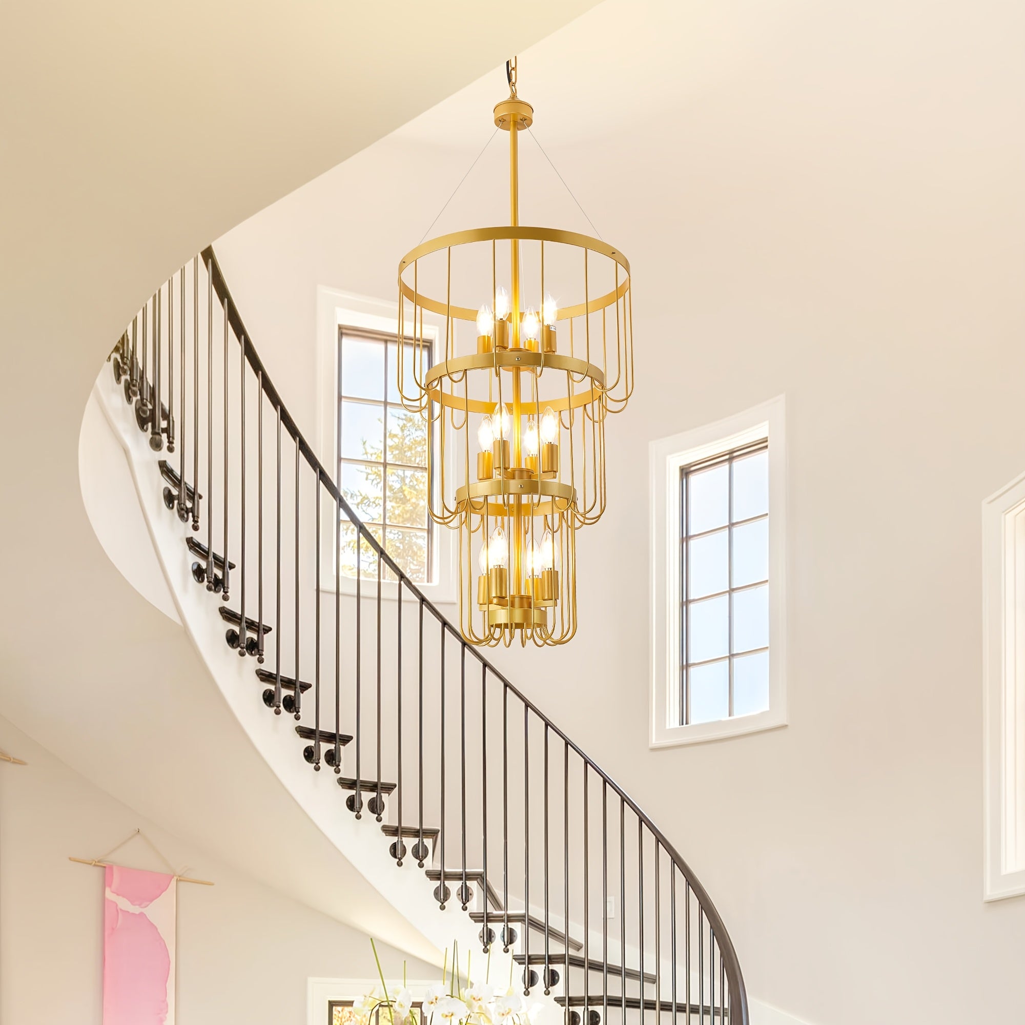 Farmhouse lighting lantern trapezoidal pendant light, modern hall lighting fixture, large chandelier for entryway, high ceiling