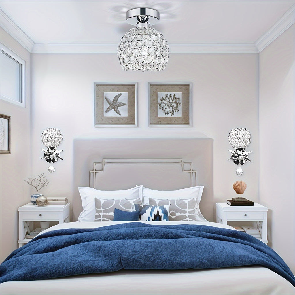 Modern stylish glass ceiling light, modern semi-flush mount silver crystal chandelier, suitable for decorative home lighting in foyer, closet, entryway, kitchen, bedroom, dining room, etc.