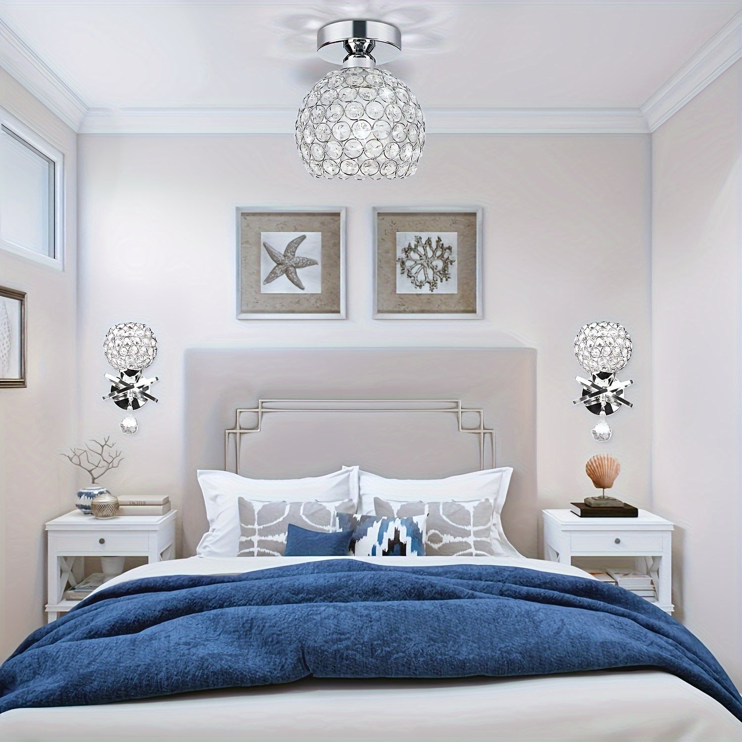 Modern stylish glass ceiling light, modern semi-flush mount silver crystal chandelier, suitable for decorative home lighting in foyer, closet, entryway, kitchen, bedroom, dining room, etc.