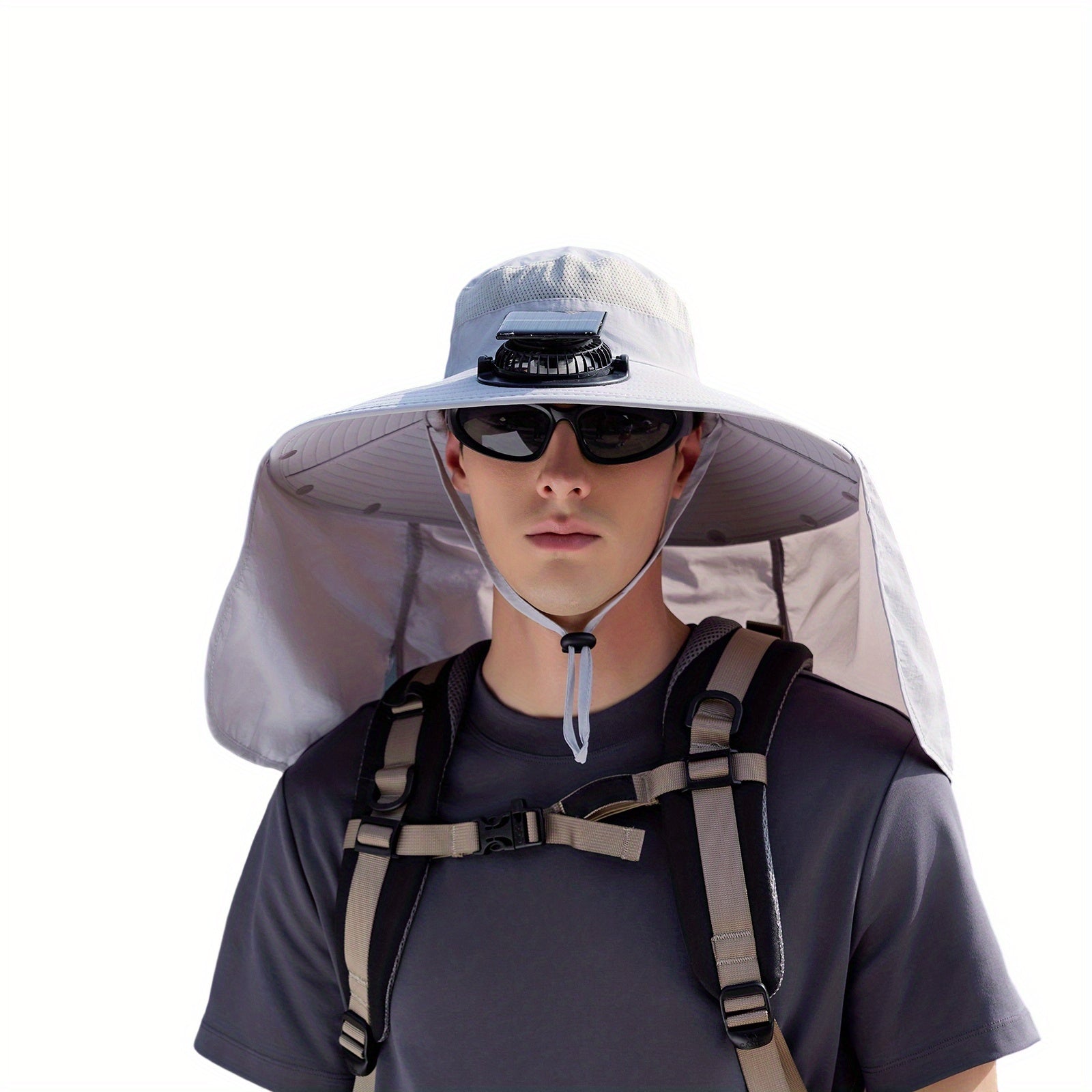 Men's Solar Cooling Hat - Wide Brim UPF Sun Protection Hat, Lightweight Beige/Orange Outdoor Travel Camping Hat with Lanyard, Hands-Free, Hiking Gear, Fashion Headwear, Comfortable Fit