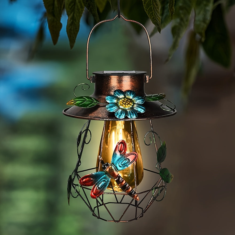 Elegant Outdoor Solar Hanging Light, Iron Solar Light with Dragonfly and Flower Decoration, Beautiful Garden Courtyard Patio Walkway Decorative Lighting, Outdoor Solar Light