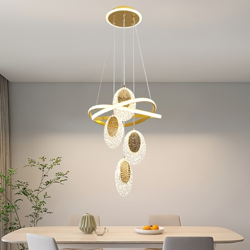 Modern LED Indoor Pendant Light with 4 Oval Disc-Shaped Pendants, 3-Color Temperature Adjustable Lighting Fixture