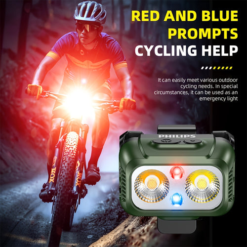 1P Philips Bike Headlight & Camping Light, Warm White Dual Light Modes, Multi-Level Dimming, Smart Motion Sensor, Wave Activated On/Off, Red & Blue Warning Light Function, Large Capacity Battery Long Endurance
