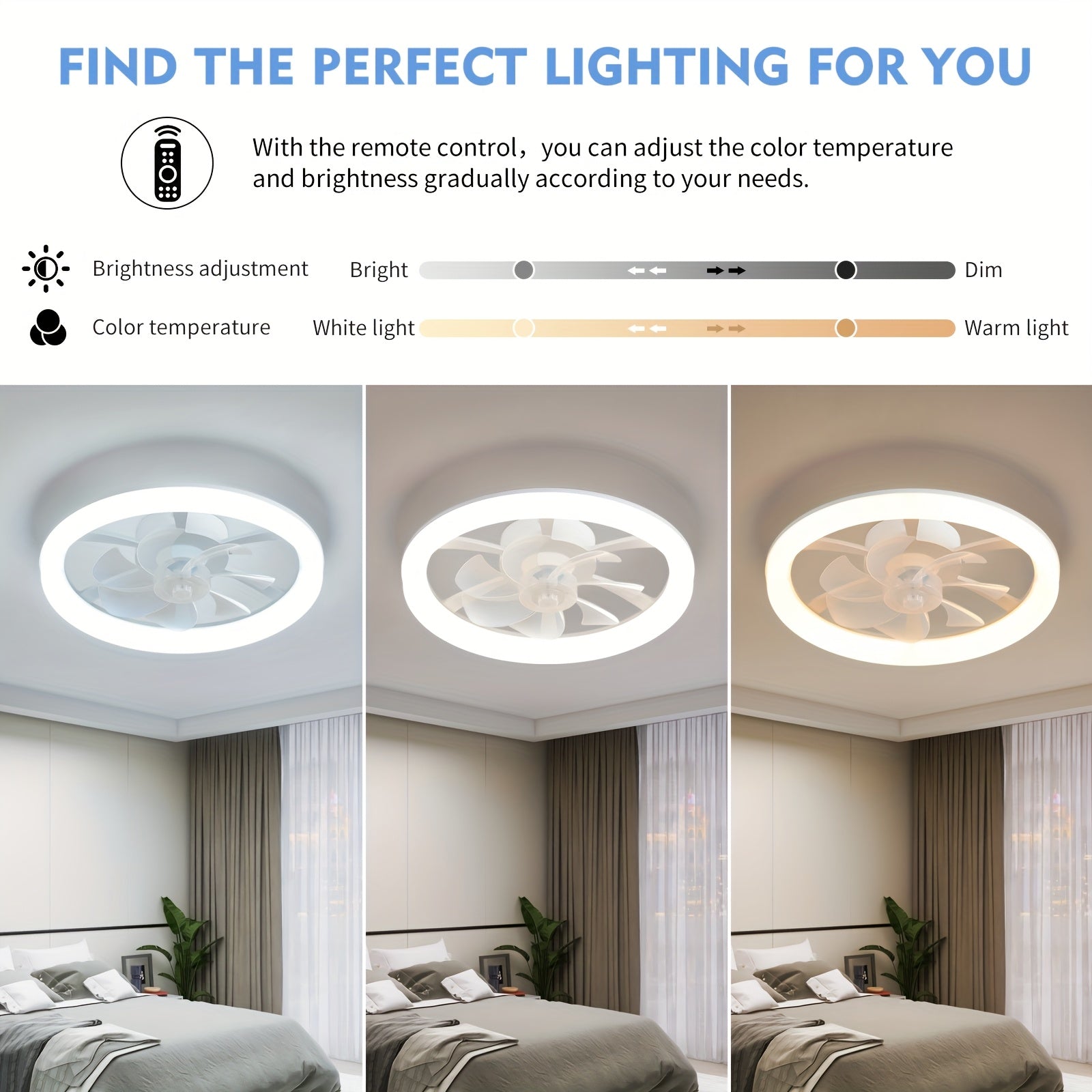 Bedroom Ceiling Fan Light with Remote Control, 17.72 Inch Diameter, Low Profile Flush Mount Upgrade Fan, 6 Speed Levels, Dimmable LED Light, Quiet DC Motor Operation