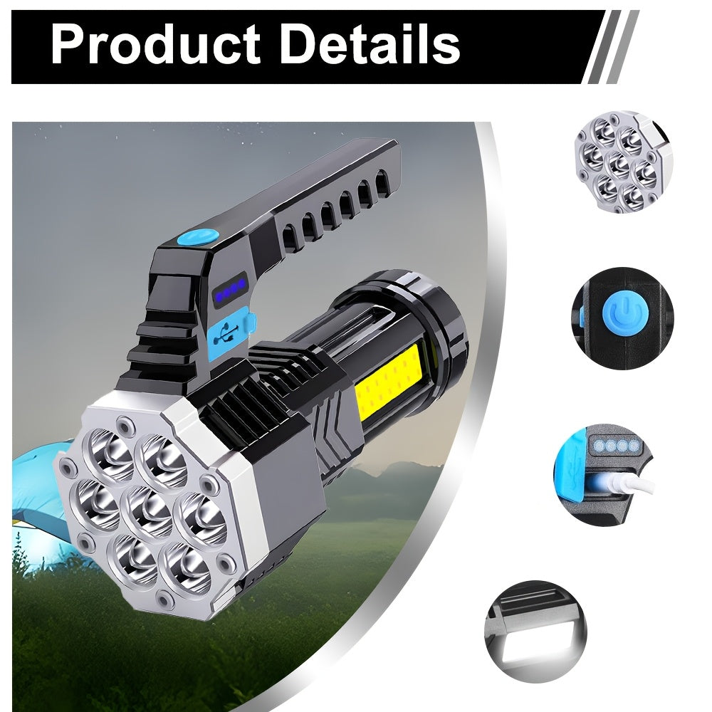 1 Black Household 7LED Handheld Flashlight, Portable COB Security Flashlight, USB Rechargeable Work Safety Searchlight, 4 Lighting Modes, Ideal for Reading, Fishing, Emergency Lighting, Night Patrol & Work