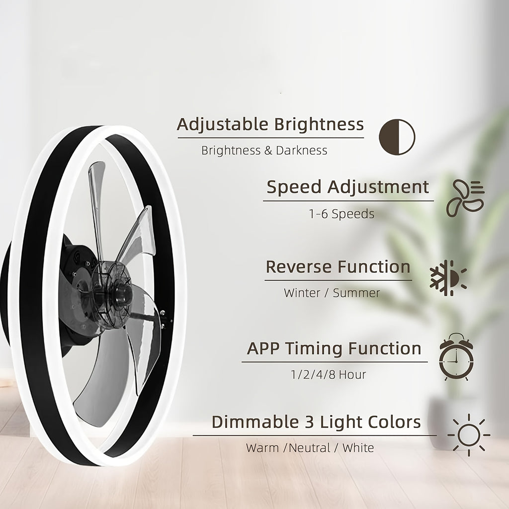 Low Profile Ceiling Fan with Light and Remote, Fandelier Flush Mount Ceiling Fan, 20 Inch Installation, Smart Bladeless LED Fan Light, 3000K-6500K, Black Modern Ceiling Fan for Bedroom