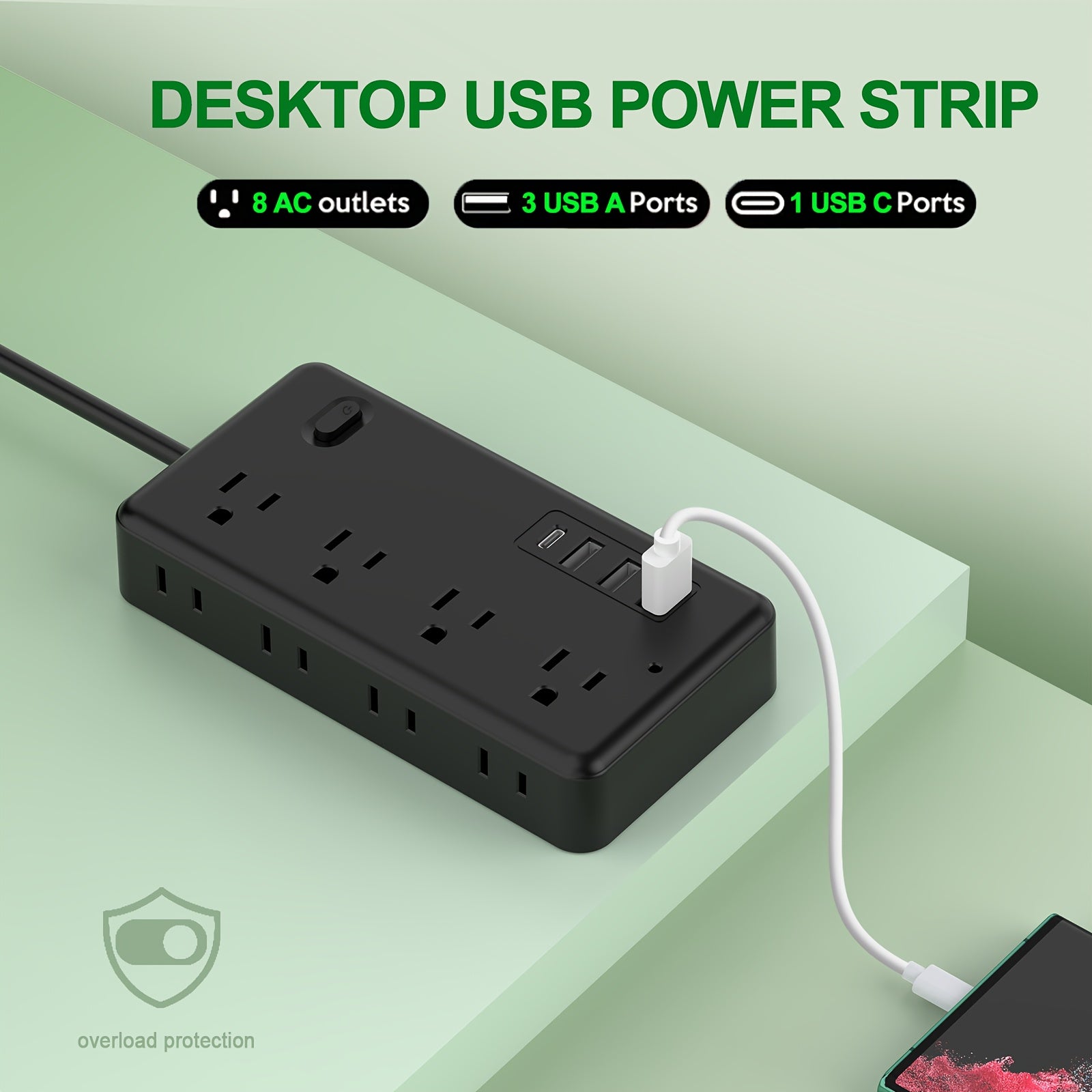 5FT/10FT Power Cord, Surge Protector with 8 AC Outlets And 3 USB And 1 Type-C Port, Compact Desktop Charging Station, Wall-Mounted, Suitable for Office, School, Dormitory