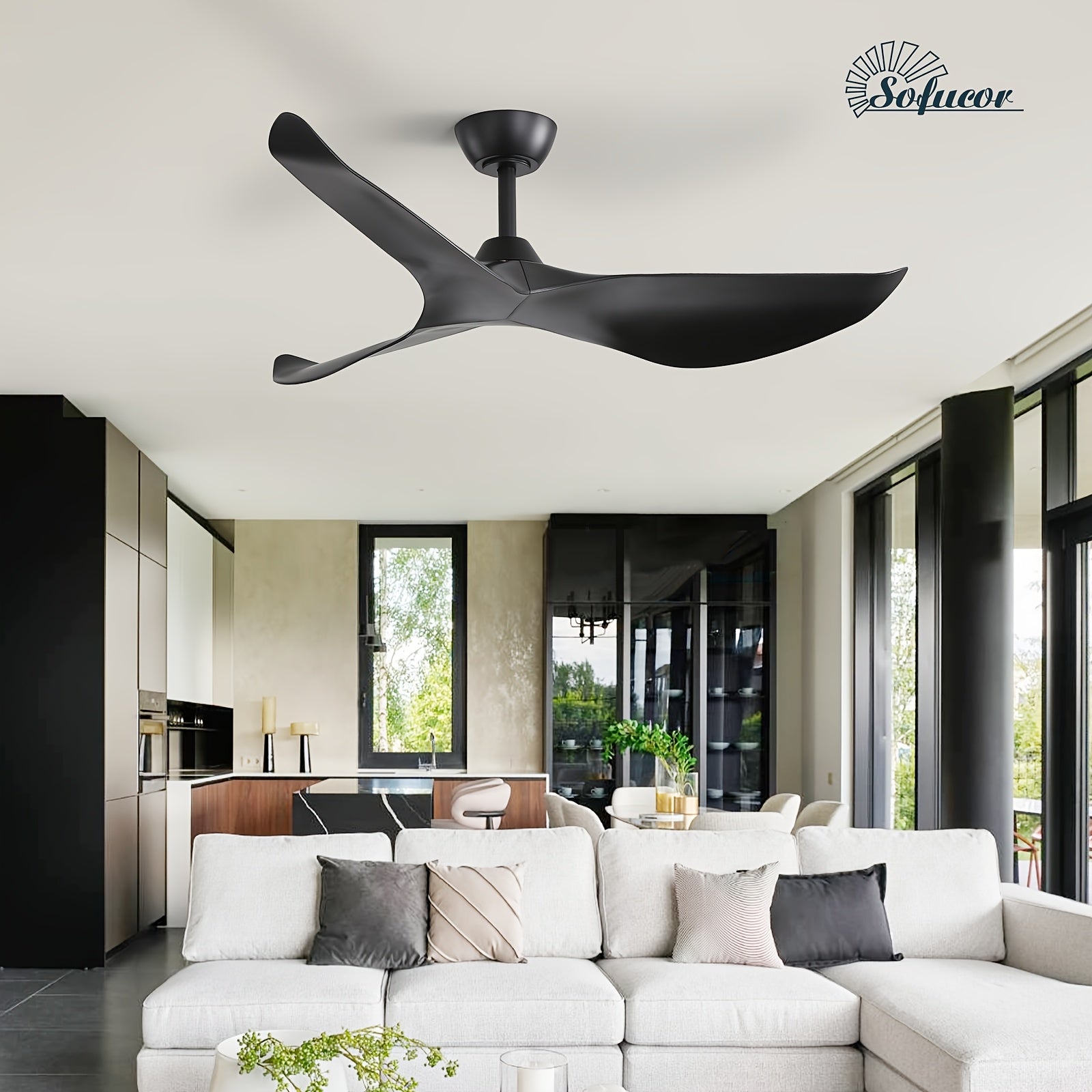 Sofucor Modern 38" Smart Ceiling Fan, Remote Control, DC Motor, 3-Blade Design – Quiet Operation, Black/White, Outdoor Rated (120V), Ceiling Mount – Modern Bedroom & Living Room Fan