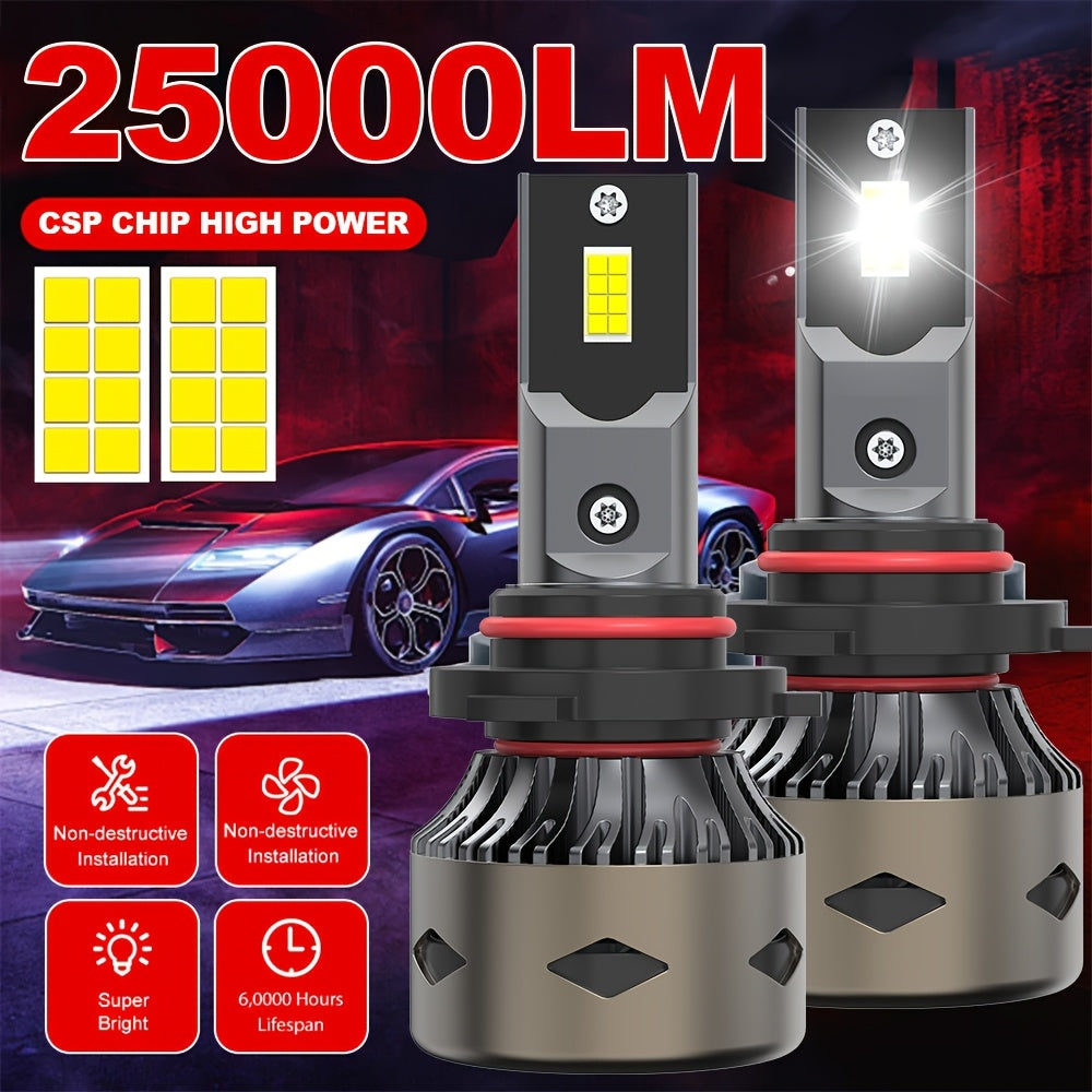 2 Plug-and-Play Car Headlights, Compatible Models: 9005/HB3-B039/H4/H7/H1/H4/9003/HB2/H11/H18/H16/9006/9012, 6500K Color Temperature, 360° Beam Angle, 25000 Lumens 200W, 600% Brightness Increase