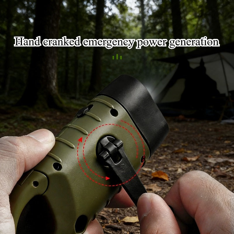 Hand-Crank & Solar Powered Emergency Flashlight, Portable LED Light with Carabiner Clip, Ideal for Camping & Hiking, IP66 Protection Rating