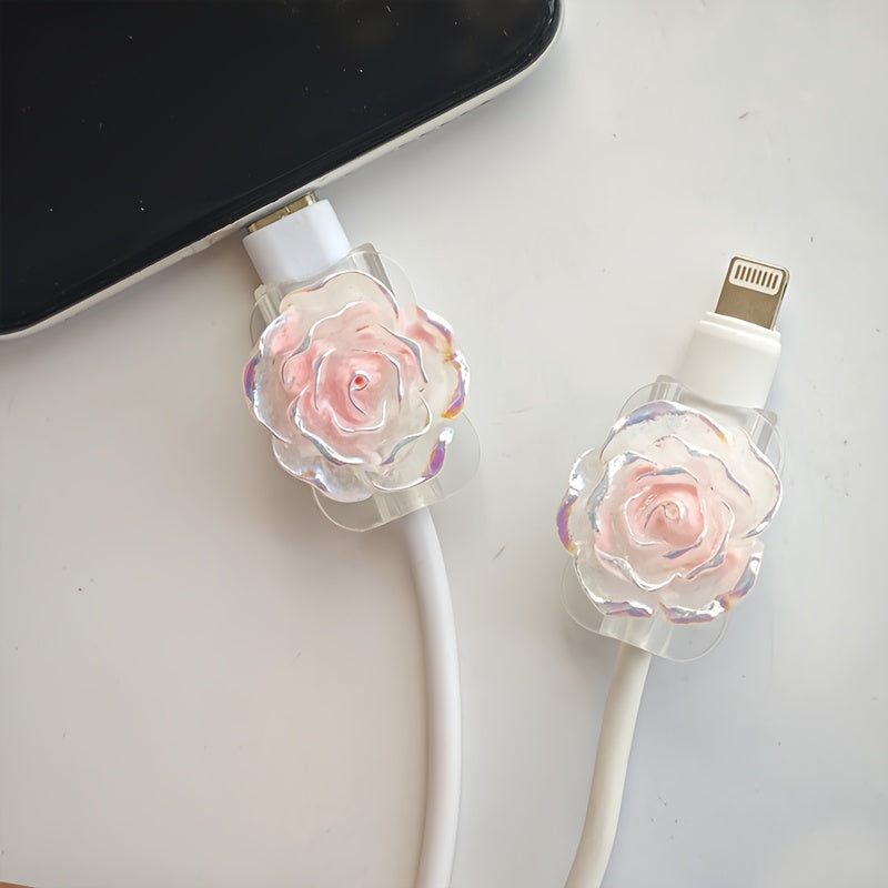 Cute Two Color Rose Phone Charging Cable Case | No Batteries Required, USB Connector, Universal Charger, Ideal for Birthday, Wedding, Valentine'S Day, Graduation, New School, Father'S Day, Christmas, Halloween - Data Cable Protection Set