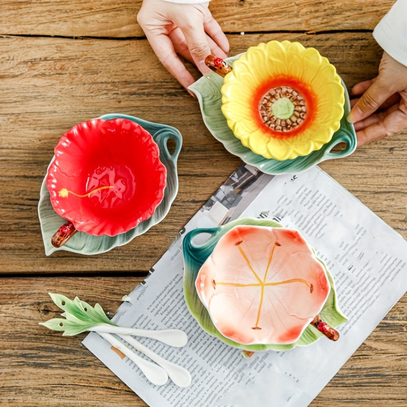Elegant 3-Piece Ceramic Tea Set (Includes Tea Spoon, Cup & Saucer) – Vibrant Floral Pattern, Perfect for Home & Restaurant Use