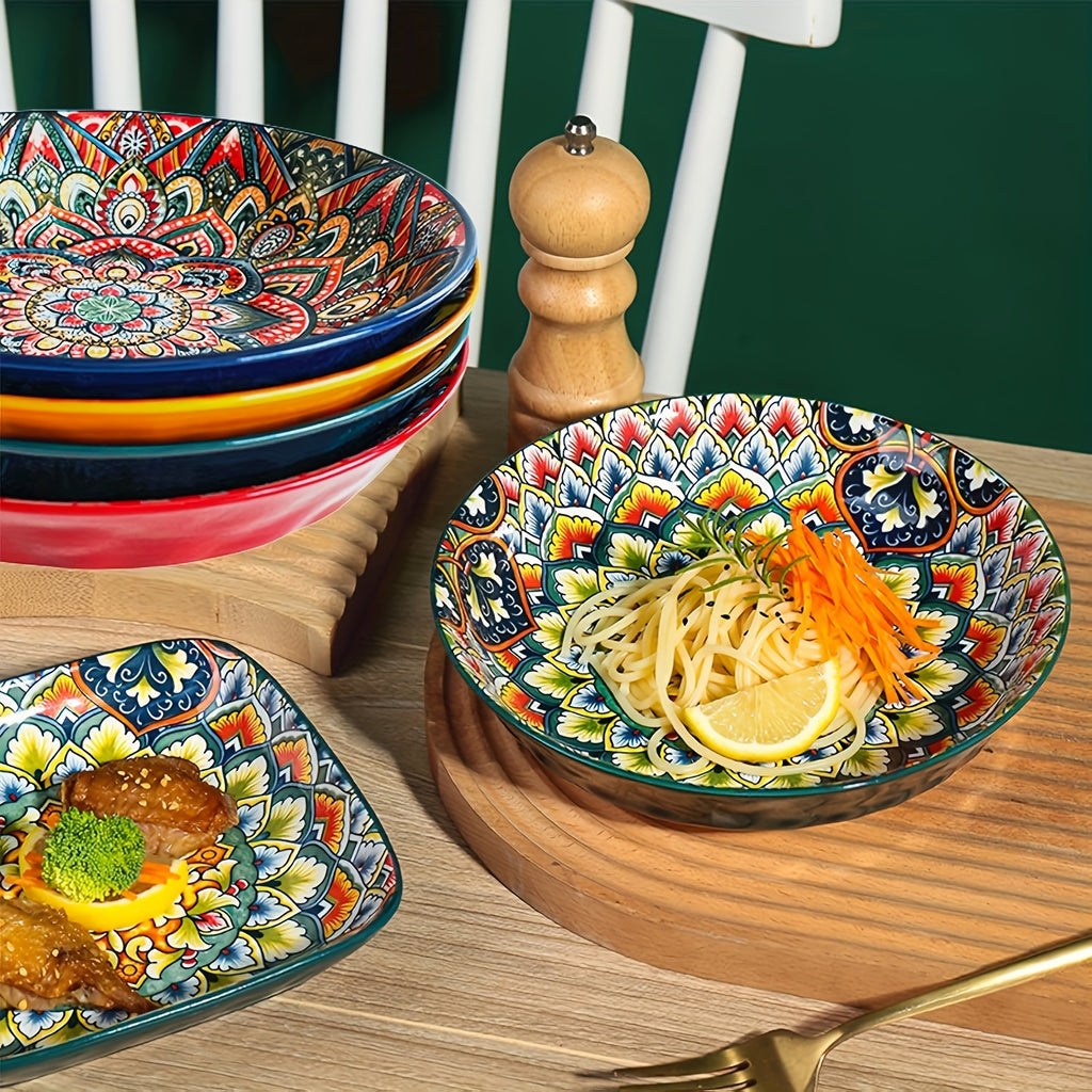 1-Piece Bohemian Floral Theme Ceramic Dinner Plate – 8-Inch Round Decorative All-Season Tableware, Perfect for Steak, Pasta, Breakfast – Microwave Safe Ceramic Dishware – Great for Christmas Gifts, Restaurant & Home Use