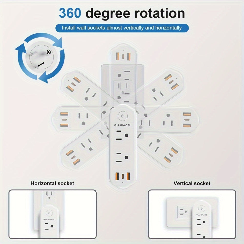 2/1 PUJIMAX American Multifunctional Wall Socket, Including 2 USB Ports, 1 Type-C Port, 6 AC Plug Ports, Surge Protection, Safety Intelligence, Plug Support 360 ° Rotation, Travel Plug Adapter, Electrical Sockets, Suitable For Home, Office, School, Dormit