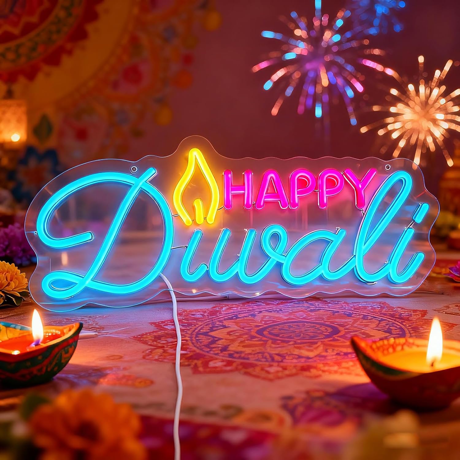 Happy Diwali LED neon light, festival light, oil lamp shape LED neon light, USB powered, home Diwali decoration, wall room bedroom decoration, neon light