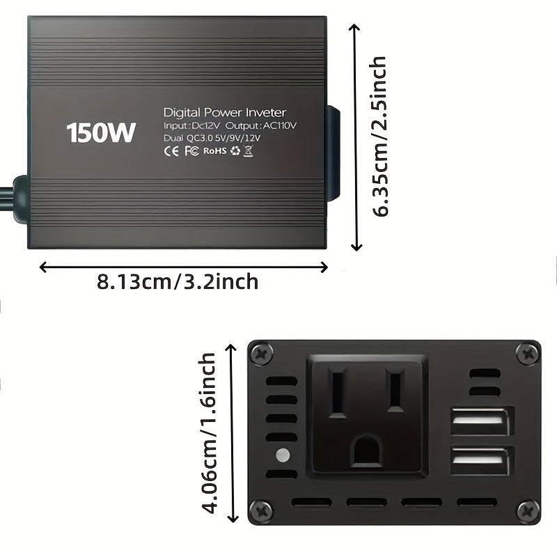 1个150W汽车电源逆变器，12V-36V转110V-130V直流至交流，带3.1A双USB端口，适用于iPhone iPad手机快速充电，车载插头适配器，旅行和车辆用途，高功率输出，黑色时尚设计 |