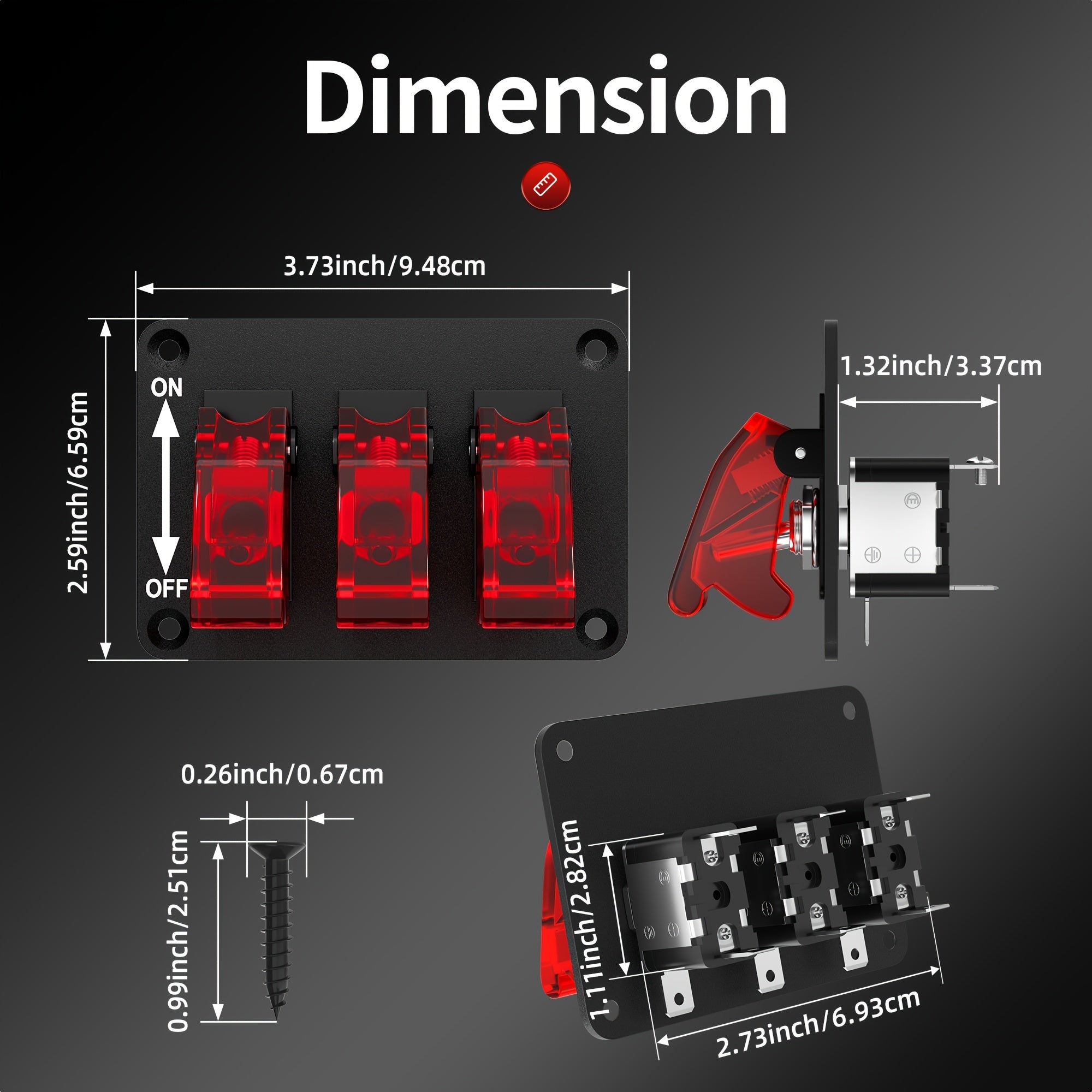 【三开摇杆带LED+翻盖】重型开关面板 12V三路控制 SPST三针 车载船舶设备适用
