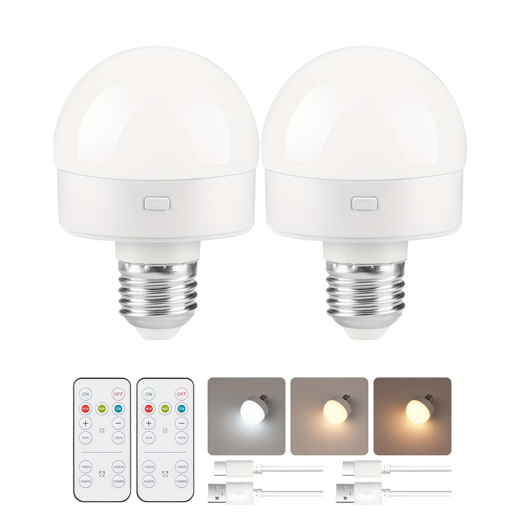 2-pack rechargeable bulb with remote control, battery-powered LED bulb with timer and 3 color temperatures, adjustable detachable wireless bulb with remote control, for lamps and non-hardwired use